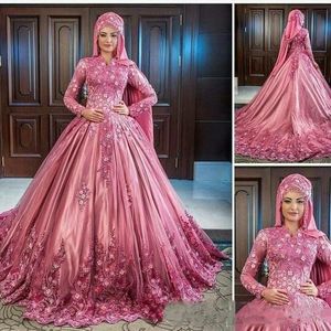 Prom Muslim Satin Dresses Ball Gown Lace Aplique High Collar Long Sleeves Formal Ocn Evening Dress Arabic Sweep Train Party Gowns s