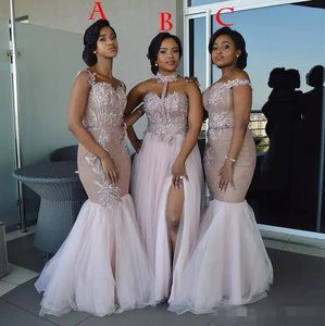 2019 Modest African Long Bridesmaid Dresses Halter Tulle Lace Applique Tulle Side Split Mermaid Straps Plus Size Prom Party Gowns