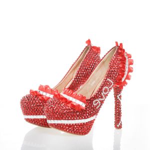 Neuestes Design, rote Strass-Brautschuhe, individuell gestaltete Hochzeitskleid-Schuhe, Plateau-Pumps, Schuhe mit hohen Absätzen, Liebesform, Übergröße 12