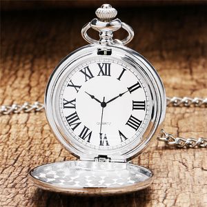 Relógios de bolso de quartzo masculinos e femininos, caixa lisa de prata antiga, moda, colar de corrente grossa para presente unissex