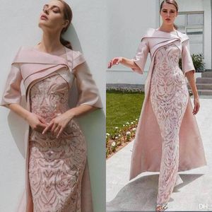 Sheath Dubai 2020 Evening Dresses with Cape Blush Pink Lace Appliqued Stain Half Sleeve Prom Dress Floor Length Formal Party Occasion