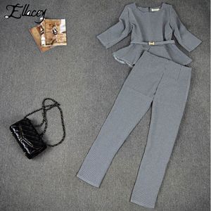 Yeni 2018 ilkbahar sonbahar moda kadın iş pantolon suits foundstooth denetleyici desen ruffles kadınlar için takım elbise 2 parça set