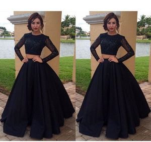 African Black Two Piece Dresses A-Line Jewel Neck Long Sleeves Beaded Satin Tulle Floor Length Prom Party Gown Women Pageant Dress