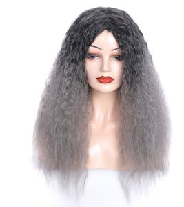 Moda sentetik peruklar kadınlar uzun kıvırcık saç kapakları siyah gri renk gradyan mısır