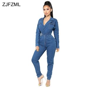 Turn-Down Collar Sexy Denim Jumpsuit 2019 Women Blue Deep V Neck Long Sleeve One Piece Overall Vintage Ladies Pockets Bodysuits T5190614