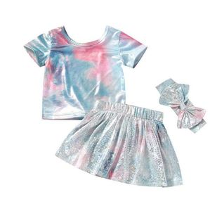 Baby sjöjungfru kläder uppsättningar barn tjejer färgglada t-shirt kjolar bowknot huvudband kostymer sommar kortärmad topp mini klänning hårband set byp684