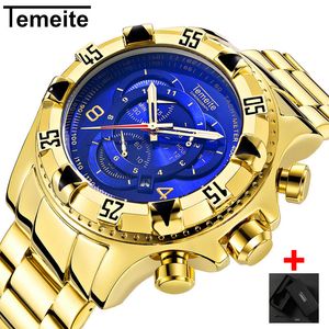 Dropshipping Temeite Men Watch Chronograph Gold Business Orologi al quarzo da uomo Sport impermeabili Orologi da polso da uomo militari gratuiti