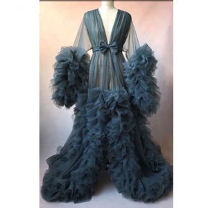 2020 Ny Chic Illusion Ruffles Tulle Long Prom Klänningar Lush Puff Full Sleeves Kimono Gravid Party Dress Prom Grows