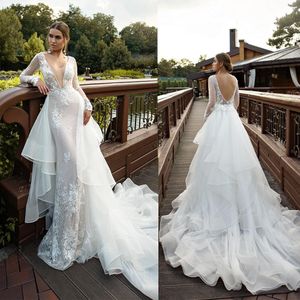 Abito da sposa sexy a sirena senza schienale con strascico staccabile scollo a V applicato maniche lunghe volant a cascata Abiti da sposa Abiti da sposa