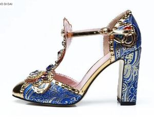 2019 Новый женщин коренастый пятки Алмаз насосы обувь синий и белый фарфор платье обувь свадебные туфли золото туфли