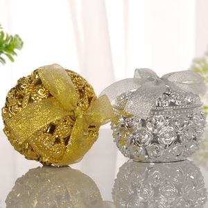 Złoty i srebrny kreatywny ślub i baby shower plastikowe cukierki pudełko Wykwintne ślubne i imprezowe pudełko okrągłe z kokardką