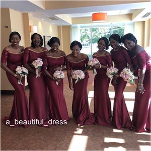 Wunderschöne südafrikanische burgunderrote lange Brautjungfernkleider, schulterfrei gerüscht, arabische Gartenhochzeitsgast-Trauzeuginnenkleider