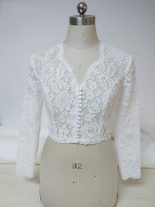 Z długim rękawem Biała Koronka Ślubna Kurtka Ślubna V-Neck Button Kobiety Bolero Kurtki dla Bride Evening Party Sukienka Formalna Wolna Tanie