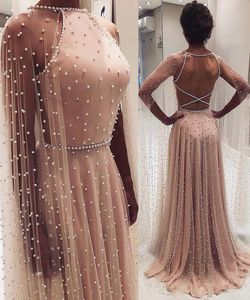 Beaded Pearls A Line Prom Dresses With Wraps Halter Criss Cross Open Back Girls Pageant Gowns Floor Length Women Formal Party Clothing