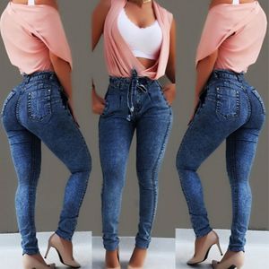 Kvinnor elastiska midja denim jeans casual hög midja byxor kvinnlig tunn skinny penna jeans stretchy plus storlek