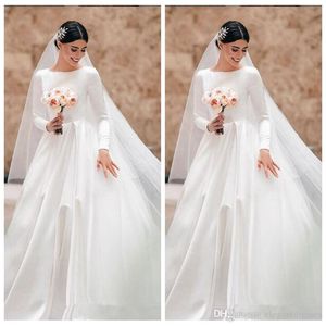 New Elegant Long Sleeves Satin A-Line Wedding Dresses Modest Customized Long Bridal Gowns Formal Robe De Mariee Largo