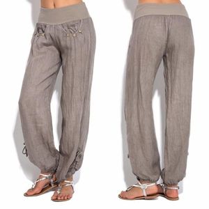 Byxor Kvinnor Solid Färgknappar Bomull och linne Casual Loose Trouser Wide Leg Elastic Waist Pants Byxor Mode Lady