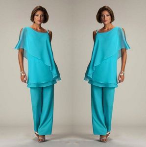 Abiti per la madre della sposa in due pezzi azzurri Pantalone con volant a strati Top in chiffon con perline Abito per la madre plus size Abito da cerimonia nuziale BC1834