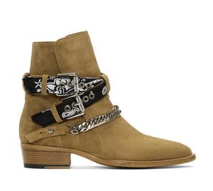 Man New Brand Ami Ri Tan Bandana Buckle Boots Ankle-high Suede Boots Chain Adjustable Graphic Printed Textile Pin Buckle Strap Shoes