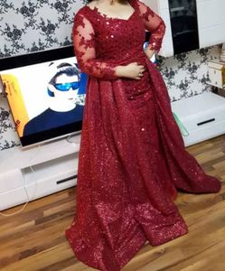 Sparkly Dark Red Plus Size Elegant Red Long Iluusion Sleeves Evening Dresses Sequins Floor Length Formal Dress Evening Party Wear263n