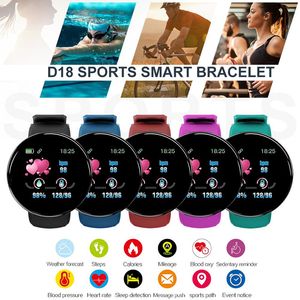 D18 Smart Watch Men Kvinnor Blodtryck Rund Smart Armband Vattentät Sport Smart Watch Fitness Tracker för telefon Android Ios