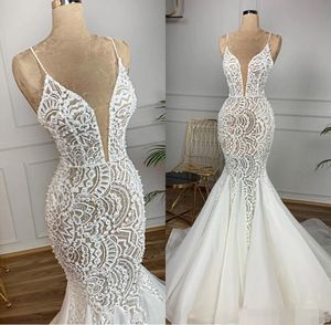 2020 Abiti da sposa a sirena con corpetto sexy illusione Spalline in pizzo Applique di cristallo Sheer Scollo a V Abito da sposa vestid202d