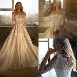 2020 Sparkling A-line Wedding Dresses Jewel Long Sleeve Satin Bridal Gown Glitter Sequins Sweep Train Elegant Robes De Mariée Custom Made