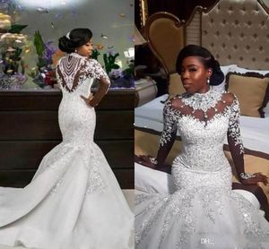 2019 Luxury Mermaid Wedding Dresses Sheer Long Sleeve High Neck Crystal Beads Chapel Train African Arabic Bridal Gowns Plus Size Customized
