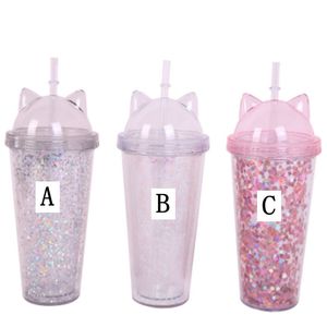 Creative Cat Ear Sequined Cup med plast Double Straws Handy Present Cup