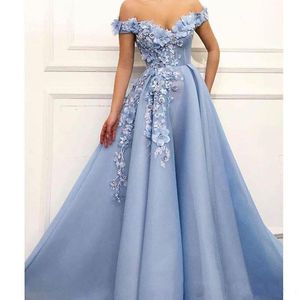 Vestidos de Baile De Ombro Desenhados Azul 3D Flor Beading Abendkleider Vestidos de Noite Drapeados Vestido de Baile Longo 2022