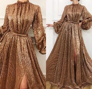 Sexy Musing Gold Cekiny Suknie Wieczorowe Wysokiej Neck High Side Split Prom Sukienka Długie Rękawy Dress Evening Wear Robes De Soirée