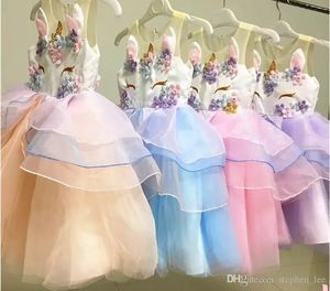 Melhor qualidade menina unicórnio de verão bordado flor bebê meninas vestidos de festa crianças casamento fuln fuln vestido de princesa varejo