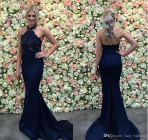 2019 Summer Mermaid Garden Dressmena Dress Dark Mark Navy Lace Aplikacje Halter Neck Długi Ślub Gość Maid of Honor Gown Plus Size Custom Made
