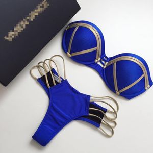 Bantlı Bikini Yukarı Itin toptan satış-Altın Damgalama Bikini Set Seksi Yastıklı Kadın Mayo Push Up Bandeau Mayo Yaz Beachwear Brezilya Banyo Suit1