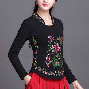 Etniczne haft T shirt Kobiety Plus Size Spring Topy Jesień Z Długim Rękawem Downing Bawełniane Tees High Collar Białe Damskie Ubrania T200110