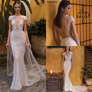 Berta Mermaid Wedding Dresses with Detachable Train Sexy Cap Sleeve Lace Beaded Bridal Gowns For Beach Garden