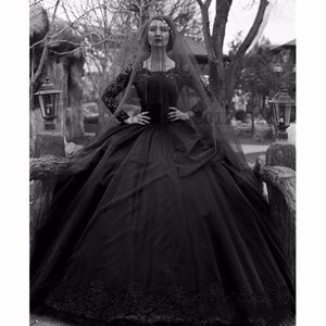 2024 New Arabic Black Ball Gown Wedding Dresses Scoop Neck Long Sleeves Puffy Court Train Plus Size Custom Formal Bridal Gowns 403