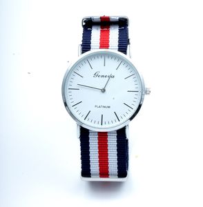 Wholesale geneva watches resale online - Geneva explosion models striped canvas nylon watch fashion personality ultra thin two pin couple watches for men and ladies table Free Ship