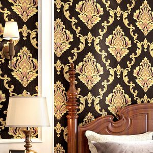 Högkvalitativ svart guld lyx präglad konsistens 3d damask tapeter för väggrulle tvättbar vinyl pvc väggpapper