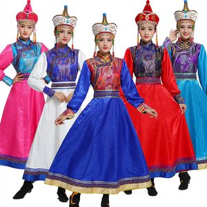 Mongolski Szata Kobiety Kolorowe Festiwal Scena Scena Wear Stand Collar Tang Suit Style Suknia Długa Elegancka Dress Asia Costume