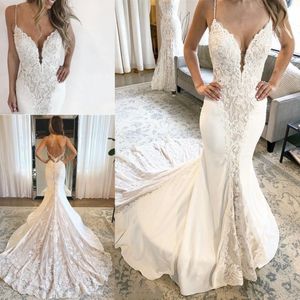 Retro Koronki Zroszony Bridal Dress 2019 Sexy Backless Spaghetti Mermaid Beach Suknie Ślubne Szyfon Sweep Pociąg Suknie Ślubne Wykonane