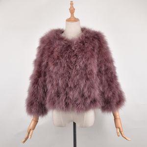 新しい到着女性トップ販売リアルダチョウの毛皮のコート女性の手作り自然七面鳥の毛皮のジャケット