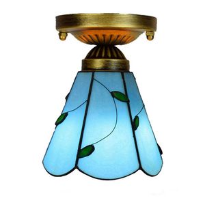 安くティファニースタイルのステンドグラスの天井のライト6インチ青い葉のアールデコ調ガラスライト通路の廊下のバルコニー小さな天井灯TF063