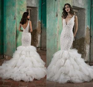 Ivory New Mermaid Wedding Dresses Couture Deep V Neck Lace Applique Ruffles Sweep Train Bridal Gowns Custom Made Vestido De Novia