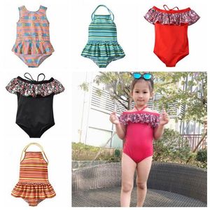 Kids Swimwear Girls Striped Ruffle Swimsuit One-Pieces Bikini Floral Print Rompers Bodysuit Bathing Suit Baby Summer Beachwear CZYQ5073