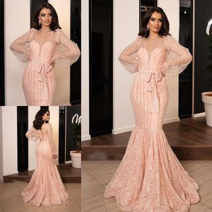 Syrenki Prom Dresses Deep V Neck Poeta z długim rękawem Łuk Cekiny Aplikacje Koronki Party Suknie Sweep Pociąg Suknie Specjalne okazje