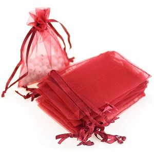 Bolsas De Regalo De Organza Roja al por mayor-100 Paquete de x cm color sólido bolsos de lazo de organza Bolsa del regalo del favor de la joyería de caramelo bolsa de cordón de boda Bolsas Rojo oscuro