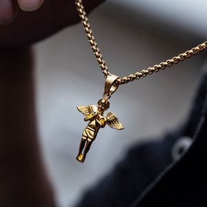 Titanium Steel Hands Pray Angel Necklace Fashion Gold Chain Trendy Cool Pendant Men Hip-hop Metal Jewelry Golden Silver