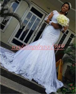 Piękny Długim Rękawem Syrenki Suknie Ślubne Koronki 2019 Koraliki Sheer Illusion Sheer African Country Suknia Bridal Suknia Kościół Bride Dress Custom