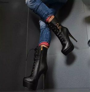 rontic 새로운 패션 여성 플랫폼 발목 부츠 얇은 하이힐 부츠 라운드 발가락 화려한 흑색 파티 신발 여성 플러스 미국 크기 5-15